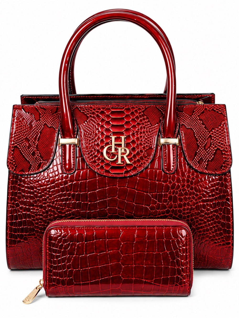 Elegant Luxury Handbag Set - Red Croc-Embossed leather